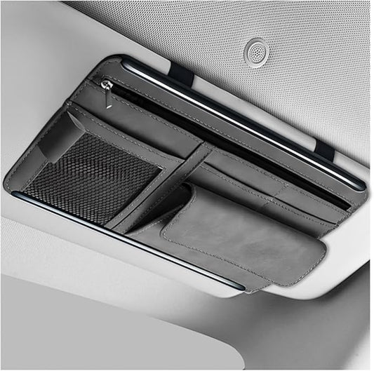 Car Sun Visor Organizer, Leather Sun Visor Pocket Organizer Case with Multi-Pocket Net Zipper, Suede Note Holder Car Visor Storage Pouch for Card Pen Sunglasses Document (Gray)