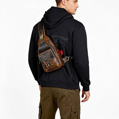 Thick Crazy horse Leather Triangle Crossbody Sling Chest Bag Travel One Shoulder Bag Daypack For Men Male 3028
