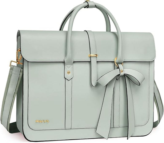 MOSISO Laptop Bag for Women, 15-15.6 inch PU Leather Laptop Shoulder Bags Convertible Backpack, 16 inch Messenger Bags Casual Handbag Work Briefcase Travel Computer Bag with Bowknot, Sage Green
