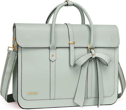 MOSISO Laptop Bag for Women, 13-14 inch PU Leather Laptop Shoulder Bags Convertible Backpack, 13.3 inch Messenger Bags Casual Handbag Work Briefcase Travel Computer Bag with Bowknot, Sage Green