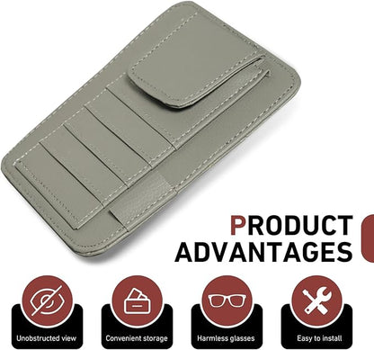 Small Leather Car Sun Visor Organizer, 4.9" x 6.1" Multifunctional Strap-On Document Sunshade Storage Holder for Card Pen Sunglasses License, Universal for Most Cars Trucks SUVs (Gray)
