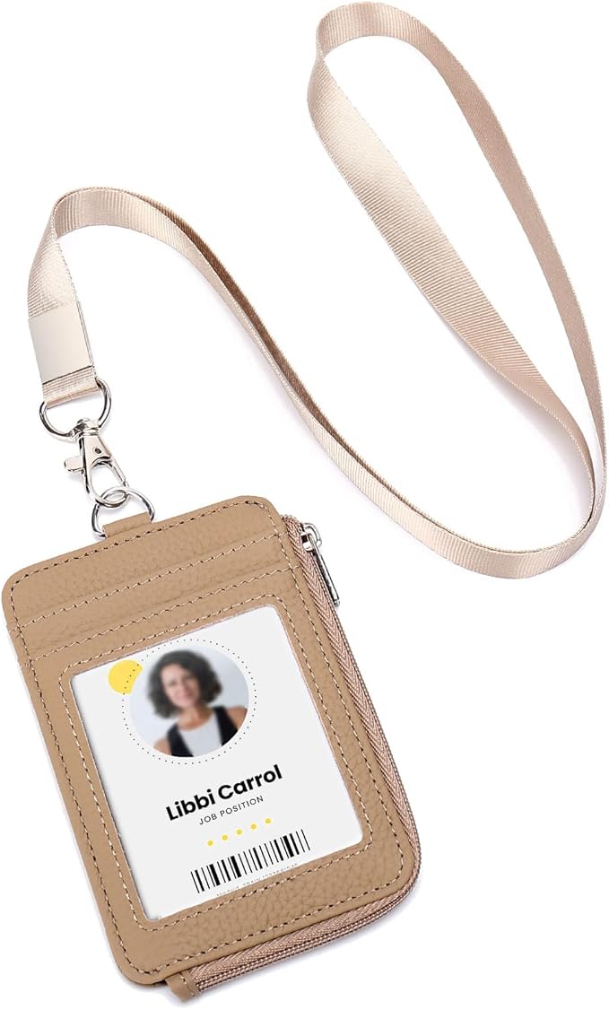 Badge Holder – Genuine Leather ID Badge Holder with Zipper Pocket and Nylon Lanyard – Perfect for Badges, Cards, and More