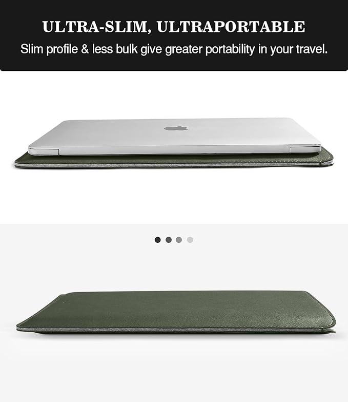MoKo Laptop Sleeve Compatible with Mac Air 13.3 M5/4/3/2/1, 13-in Mac Pro M2/M1 & Mac Neo A18, PU Leather Notebook Computer Protective Carrying Bag Slim Stylish Case Pouch, Midnight Green