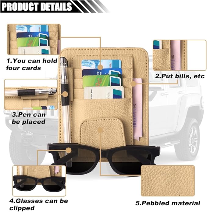Car Sun Visor Organizer, Leather Card Sleeve Pocket Organizer, Multifunctional Auto Visor Document Holder with Sunglasses Clip, Universal Car Interior Organizer for Driving License, Pen (Small-Beige)