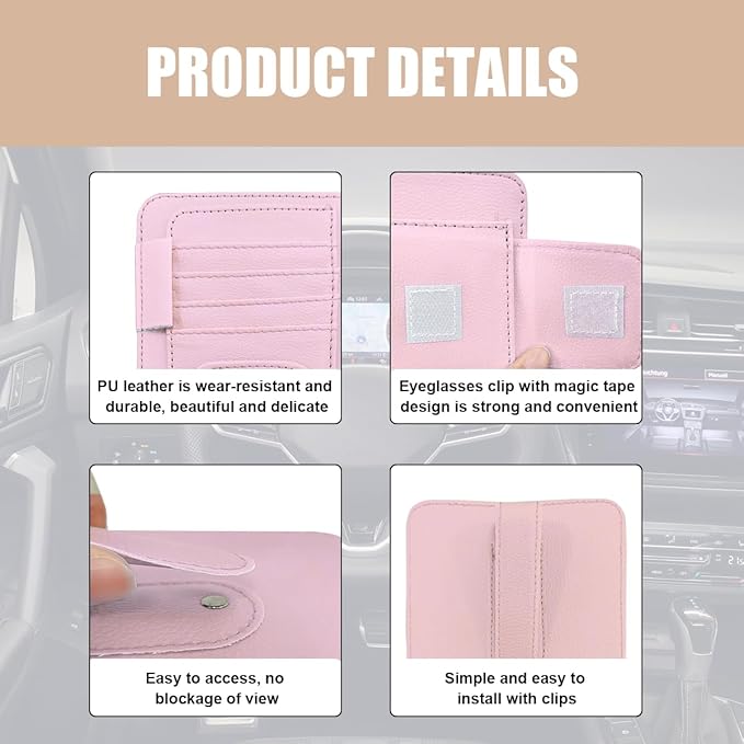 Augeny 2 PCS Car Sun Visor Organizer, Small Auto Visor Organizer and Storage, Registration and Document Holder for Sunglasses, Card, Pen, Driver License, Car Accessories (Pink)