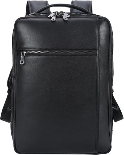 Masa Kawa Slim Genuine Leather Business Backpack 15.6" Laptop Bag for Men Women Office Work Travel Small Thin Computer Casual Daypack, Black