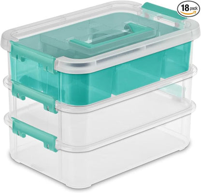Sterilite 18 Pack Plastic Storage Box Container, 3 Layer, Stack and Carry, Clear/Blue