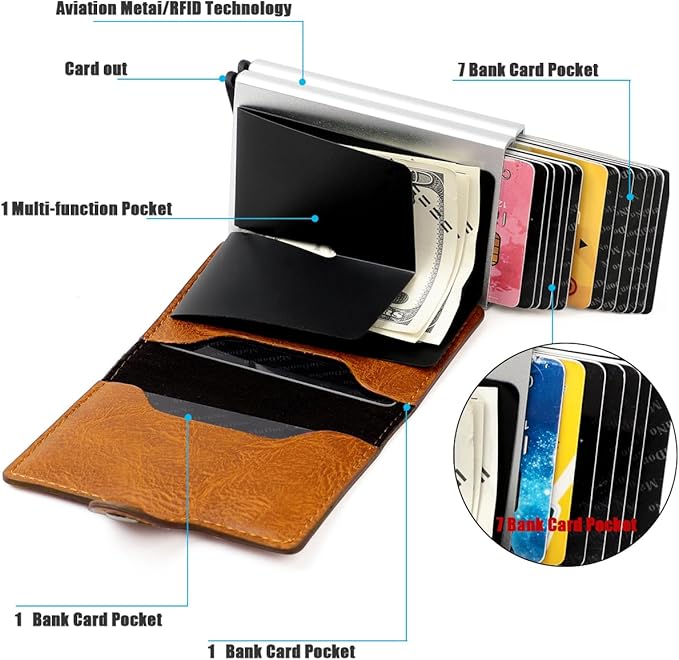 Pop up Card Wallet RFID Blocking Slim Metal Men Credit Card Holder Case Business Money Pocket Double Card Case for Men and Women (brown)