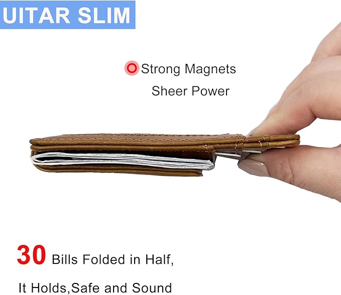 Front Pocket Wallets for Men with Magnet Money Clip RFID Blocking Leather Minimalist Slim Wallet Credit Card Holder (Small Brown)
