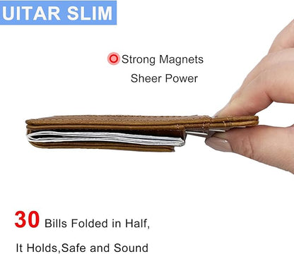 Front Pocket Wallets for Men with Magnet Money Clip RFID Blocking Leather Minimalist Slim Wallet Credit Card Holder (Small Brown)