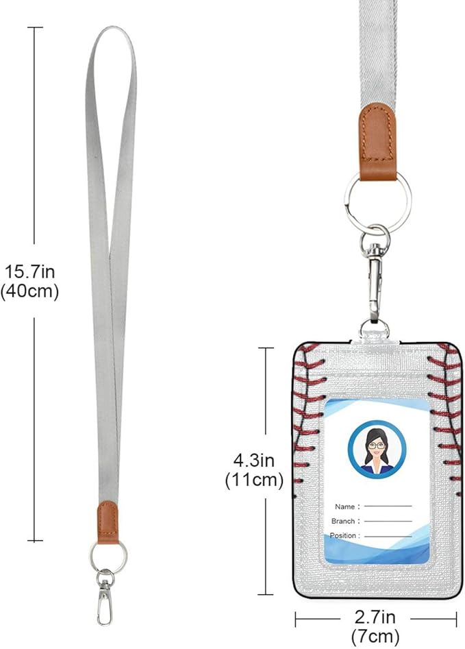 Moudou Baseball ID Badge Holder with Lanyard, Vertical Leather ID Badge Card Holder for Office Staff, School Teacher and Student