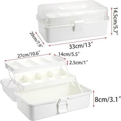 BTSKY 3-Layer Plastic Dividing Storage Box Craft Organizer with Adjustable Spacers Portable Handled Art Supply Organizer Multipurpose Home Utility Box for Medicine Box Sewing Box (Beige White)