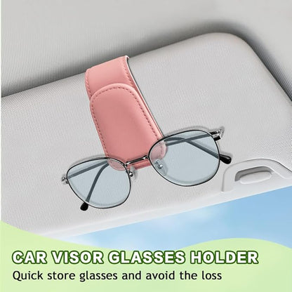 Sunglass Holder for Car, Sunglasses Clip for Car Visor, Magnetic Leather Vehicle Eyeglass Hanger Clip, Auto Ticket Card Glasses Organizer Clamp Accessories for SUV Sedan (Pink)