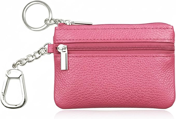 Hibate Small Leather Coin Purse Change Pouch for Women Girls Kids with Zip Key Ring (Clip_Pink)
