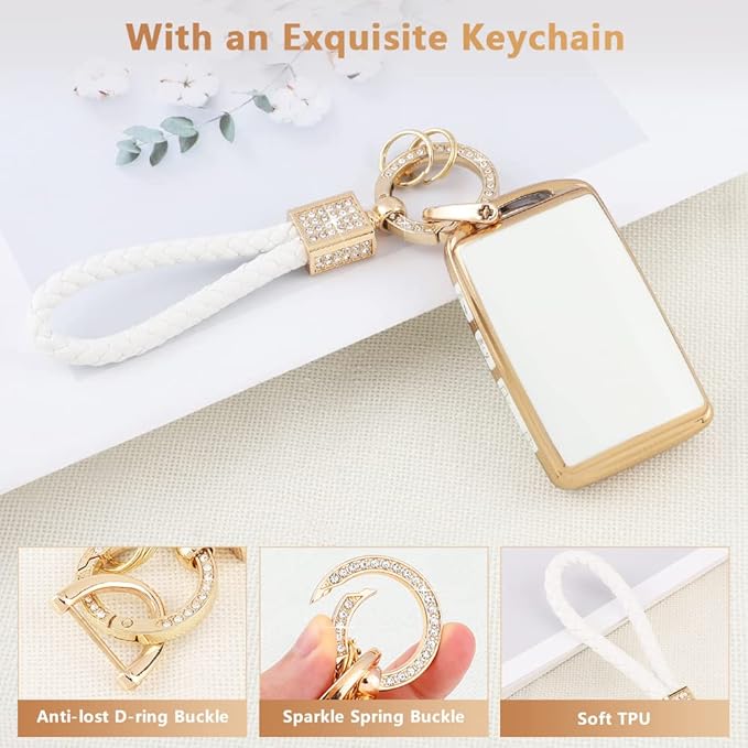 PIFOOG Key Fob Cover for Mazda 4 Buttons White Gold TPU Car Keys Case Shell Protector Bling Keychain Ring for Mazda 3 6 CX5 CX9 CX30 CX50 MX5 Smart Key Accessories Girly Women Cute