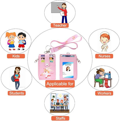 HASFINE ID Badge Holder with Cute Angel Character Design PU Leather ID Card Wallet, 2-Sided 5 Card Slots, Zippered Pocket, Detachable Keychain Lanyard for Teachers, Students, Nurses, Office Staff