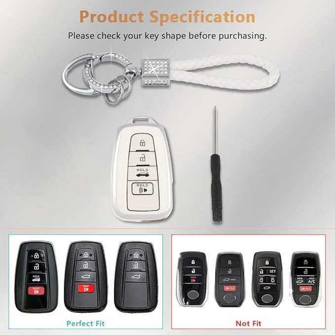 PIFOOG Key Fob Cover for Toyota Camry RAV4 Corolla C-HR Avalon Highlander Prius Smart Keys Case Shell Protector Bling Keychain Accessories 4 Button TPU Girly Women White Silver
