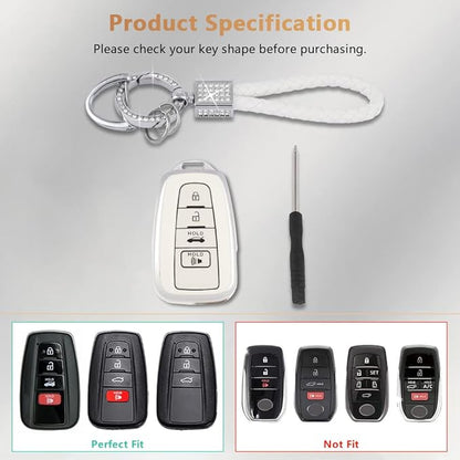 PIFOOG Key Fob Cover for Toyota Camry RAV4 Corolla C-HR Avalon Highlander Prius Smart Keys Case Shell Protector Bling Keychain Accessories 4 Button TPU Girly Women White Silver