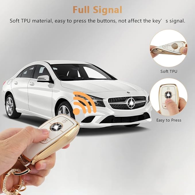 PIFOOG Key Fob Cover for Mercedes TPU White Gold Bling Keychain Accessories Fit Benz GLA GLE GLB GLS GLC CLA CLS C300 AMG A E S G Class Cute Car Keys Case Shell Girly Women