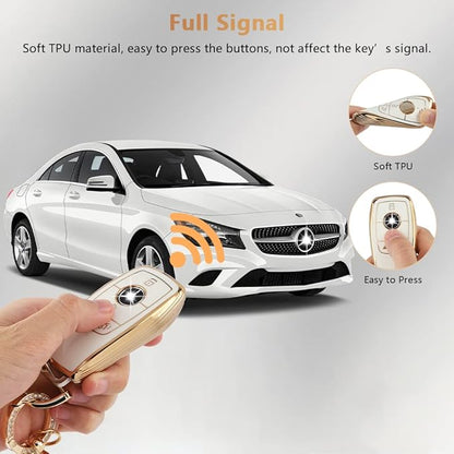 PIFOOG Key Fob Cover for Mercedes TPU White Gold Bling Keychain Accessories Fit Benz GLA GLE GLB GLS GLC CLA CLS C300 AMG A E S G Class Cute Car Keys Case Shell Girly Women