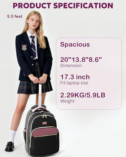 Arcoyard Rolling Backpack for Women, 17 Inch Laptop Backpack With Wheels for Adults, Large Water Resistant Wheeled Carry On Luggage Roller Bag, Flight Approved for Work, Travel, College, Black Purple