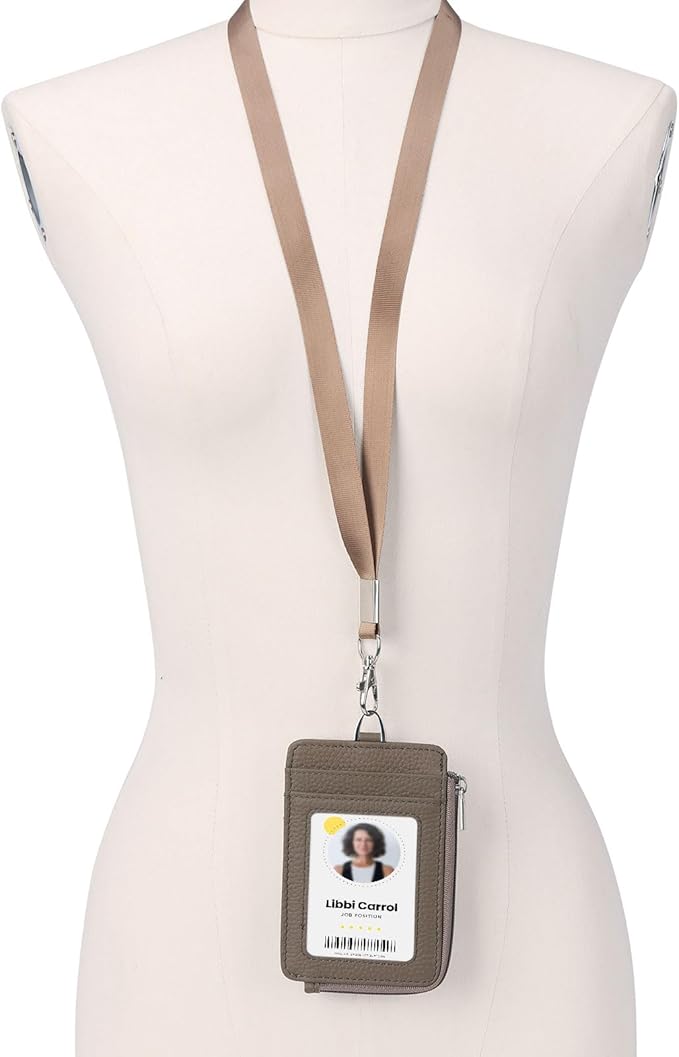 Badge Holder-Genuine Leather ID Badge Holder with Zipper Pocket and Nylon Lanyard – Perfect for Badges, Cards, and More