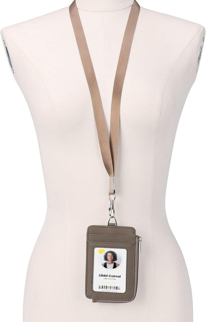 Badge Holder-Genuine Leather ID Badge Holder with Zipper Pocket and Nylon Lanyard – Perfect for Badges, Cards, and More