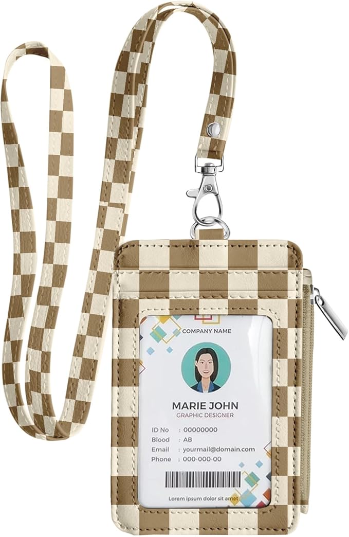 bolimoss Checkered Lanyard Wallet with ID Badge Holder Breakaway Neck Lanyard, Pu Leather Zip Id Case Wallet with Zipper Pocket for Women Office Worker Teacher Student Nurse