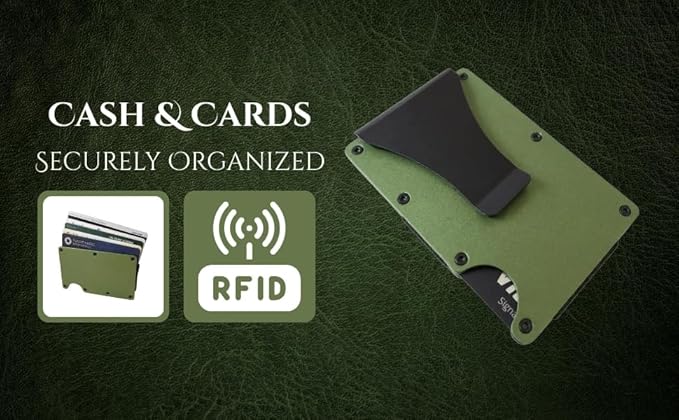 Leatherboss Wallet for Men RFID Blocking Minimalist Metal Card Holder with Money Clip Holds Credit Cards and Cash (Army Green)