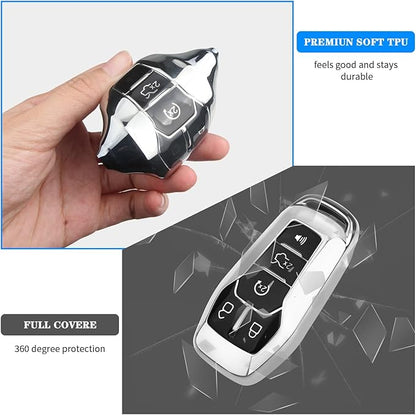 QBUC Ford Key Fob Cover with Keychain, Shell Compatible with Ford Explorer, F150, Lincoln MKC, MKX, MKZ, Fusion, Mustang, Edge Remote Vehicle Accessories (Silver)