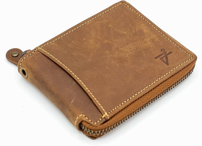 RFID Safe Leather Bi-fold Wallet for Men Zip around Purse for Women Biker's Trucker YKK Metal Zipper Closure, Flip up window ID without Biker Chain