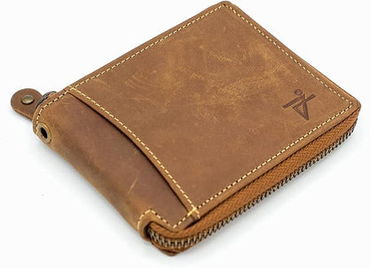 RFID Safe Leather Bi-fold Wallet for Men Zip around Purse for Women Biker's Trucker YKK Metal Zipper Closure, Flip up window ID without Biker Chain