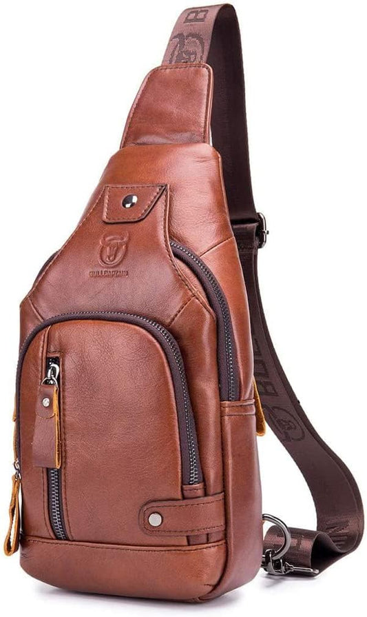 Hebetag Leather Sling Bag Hiking Daypack for Men Women Outdoor Travel Camping Fishing Crossbody Shoulder Chest Pack Backpack