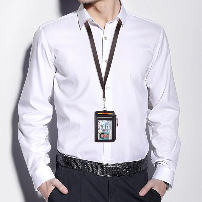 Badge Holder with Zipper Genuine Leather RFID Keychain Wallet Neck Lanyards with Swivel Hook for Card/Coin/Cash, Coffee