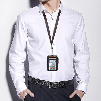 Badge Holder with Zipper Genuine Leather RFID Keychain Wallet Neck Lanyards with Swivel Hook for Card/Coin/Cash, Coffee