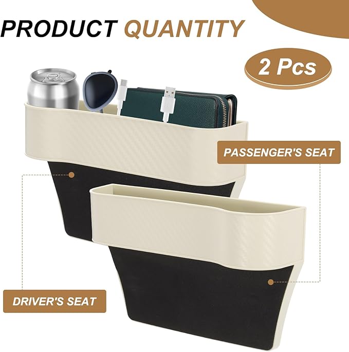 HARFINGTON 2pcs Car Seat Gap Filler Organizer 10.2 x 6.5 x 2.8 Inch PP Universal Car Organizer Storage Box Between Seat and Console (Left+Right) with Cup Holders for Phone Keys, Beige