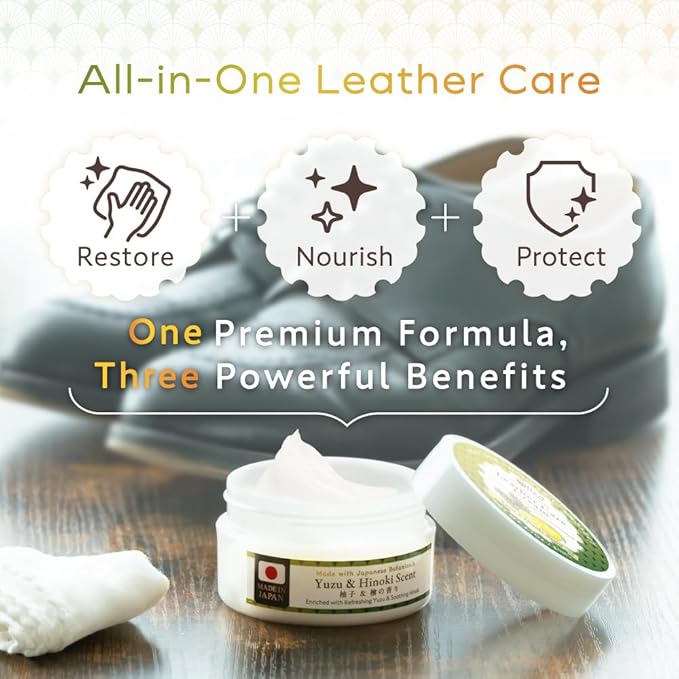 HIBINO | Leather Conditioner for Purses, Bags, Shoes & Furniture | All-in-One Cream to Clean, Restore & Protect | Non-Greasy, Quick-Absorbing Formula | Made in Japan | Yuzu & Hinoki Scent | 80ml