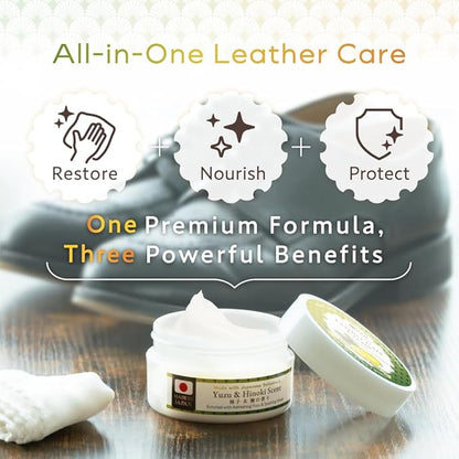 HIBINO | Leather Conditioner for Purses, Bags, Shoes & Furniture | All-in-One Cream to Clean, Restore & Protect | Non-Greasy, Quick-Absorbing Formula | Made in Japan | Yuzu & Hinoki Scent | 80ml