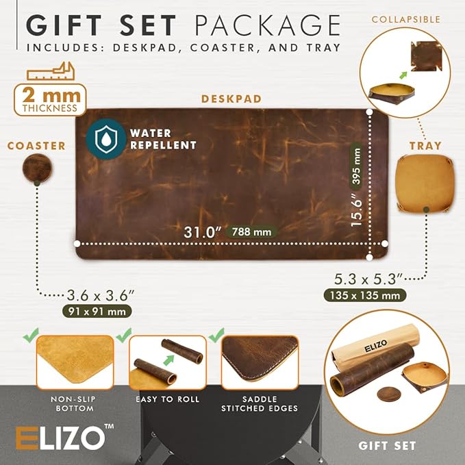 Elizo Real Leather Desk Mat Set (32x16) Large Desk Cover Desk Blotter Protector Computer Gaming Mouse Pad Table Laptop Office Desktop Accessories