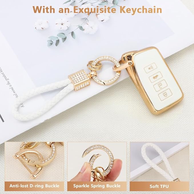 PIFOOG for Lexus Key Fob Cover White Gold Soft TPU 4 Button Car Keys Case Shell Full Protector Bling Keychain for Lexus NX RX GS IS ES LS RC Smart Keys Accessories Girly Women Cute