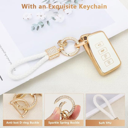 PIFOOG for Lexus Key Fob Cover White Gold Soft TPU 4 Button Car Keys Case Shell Full Protector Bling Keychain for Lexus NX RX GS IS ES LS RC Smart Keys Accessories Girly Women Cute
