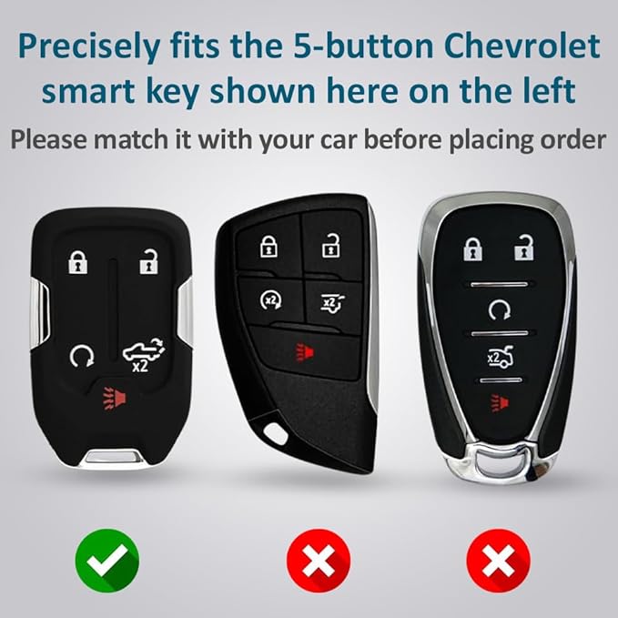 Autobase Silicone Chevrolet Key Fob Cover 2Pc 2023 2022 2021 2020 2019 GMC Sierra Chevy Silverado 1500 2500HD 3500HD, 5 Button Remote Protector Chevy Key Fob Cover Protective Shell Replacement (Black)