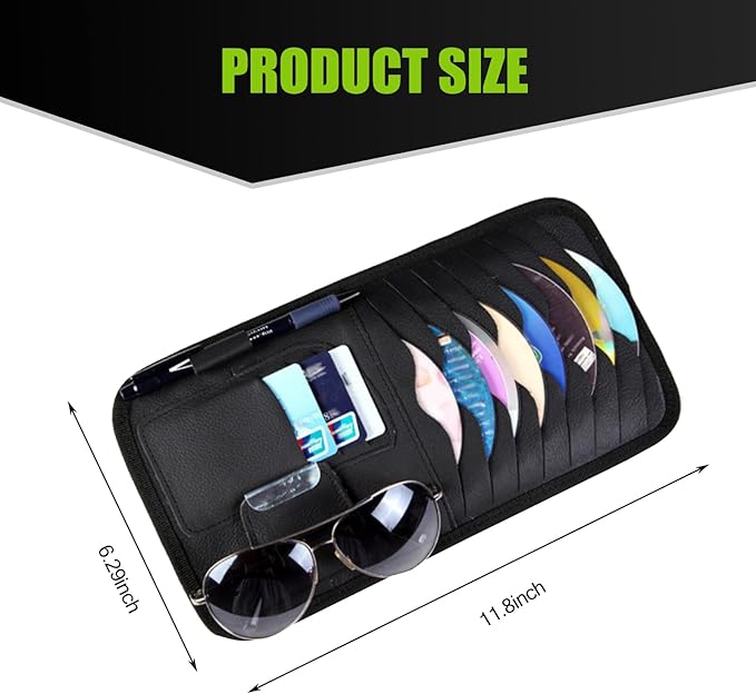 Car Sun Visor CD Bag, Multi-Function Multi-Pocket Leather CD Storage Holder with Sunglasses Pen Space, One-Hand Grab and Go Portable Organizer, Universal for Cars Accessory, Black