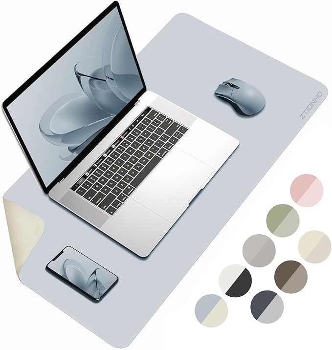 Dual-Sided Leather Desk Pad Protector 31.5×15.7 inch Non-Slip Large Gaming Mouse Pad Waterproof Desk Writing Pad Desk Blotter Laptop and Keyboard Mat for Office and Home(Light Blue)