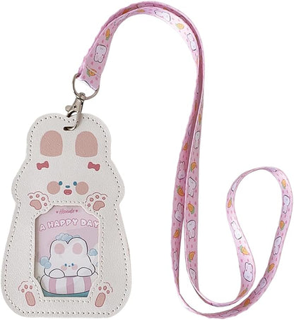 Cute Badge Holder Lanyard Cartoon Bunny ID Card Holder Kawaii ID Badge Keys Lanyard Strap Neck Lanyard PU Leather Badge Holder for Women Girls Boys (Bunny)