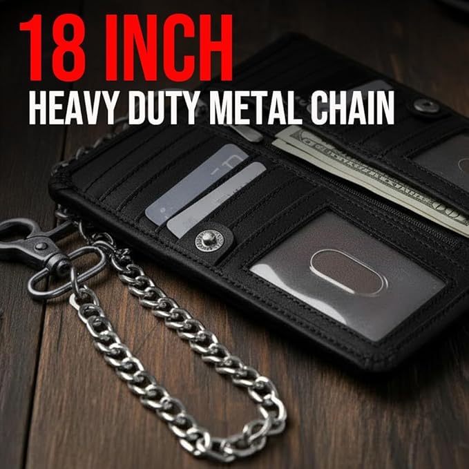 CLASSIC Motorcycle Chain Wallet for Men – Premium Cowhide Leather, RFID Bi-Fold Biker Wallet with Heavy Duty Chain for Bikers Truckers & Hunters, Credit Card Money Organizer Long Wallet Aniline Black