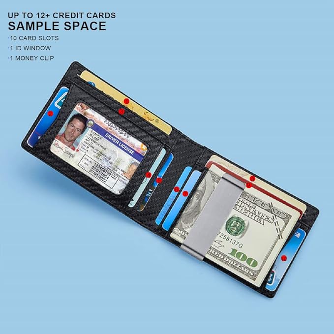 VANNANBA Minimalist Wallet for Men with Money Clip|ID Window|Large Capacity with 12 Card Slots|RFID Blocking,Carbon Fiber Front Pocket Credit Card Holder with Gift Box(Carbon Black)