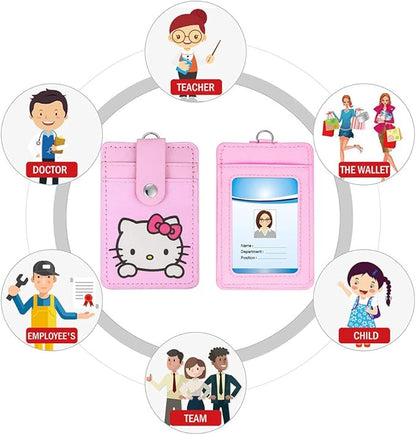 【2025 Latest】 Woosifun ID Badge Holder Cute Credit Card Case Neck Pouch Lanyard with Cartoon Shield Keychain for Students Teens Boys Girls Staff Women (Pink Cat)