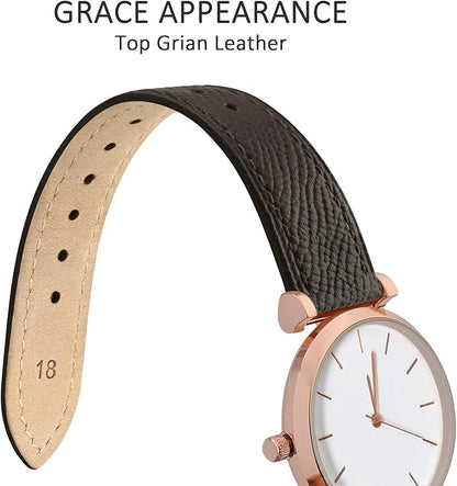 WOCCI 12mm Grace Leather Watch Band for Ladies, Top Grain Leather, Quick Release Replacement Strap with Rose Gold Buckle (Dark Brown)