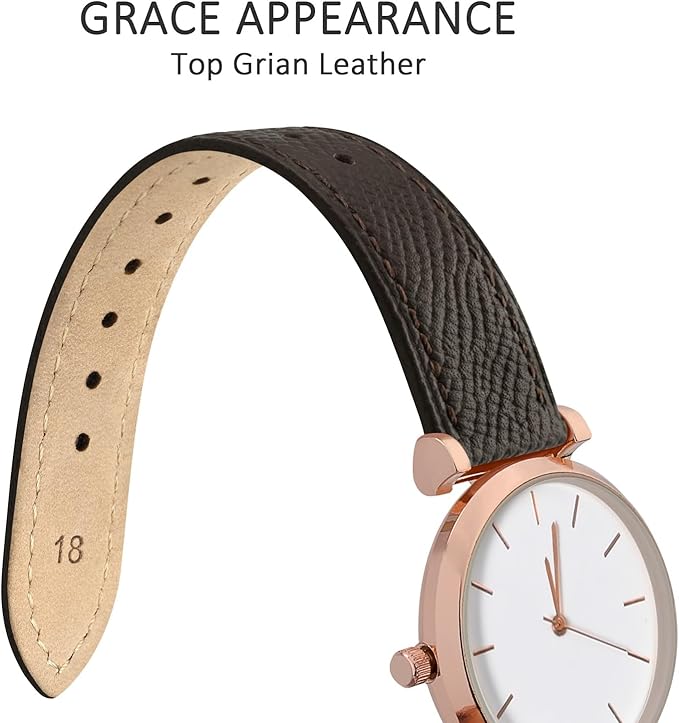 WOCCI 14mm Grace Leather Watch Band for Ladies, Top Grain Leather, Quick Release Replacement Strap with Rose Gold Buckle (Dark Brown)